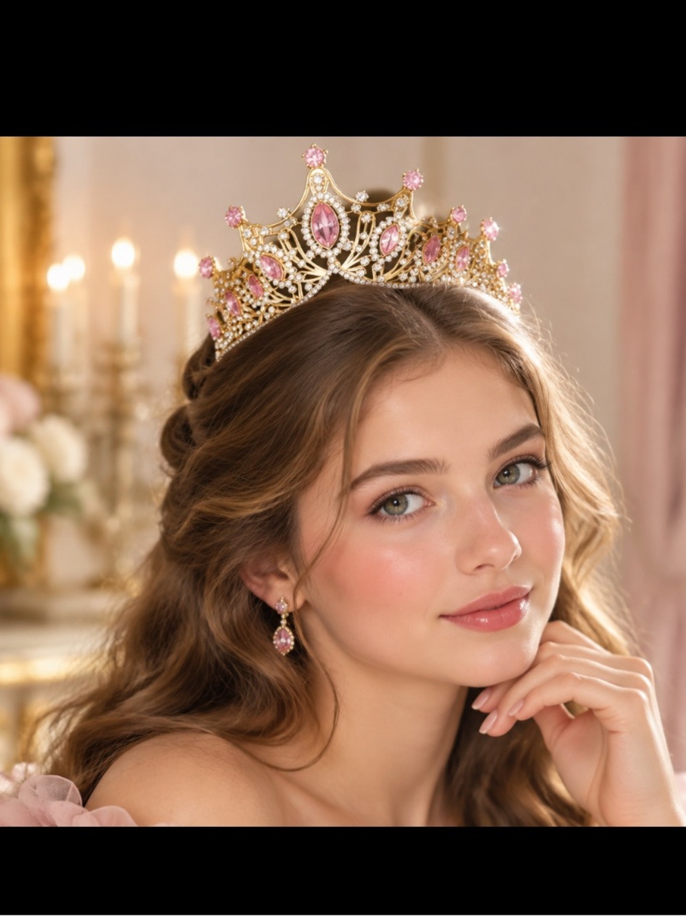 Pageant Tiara Crown Gold Pink Rhinestone Statement Princess Formal Event